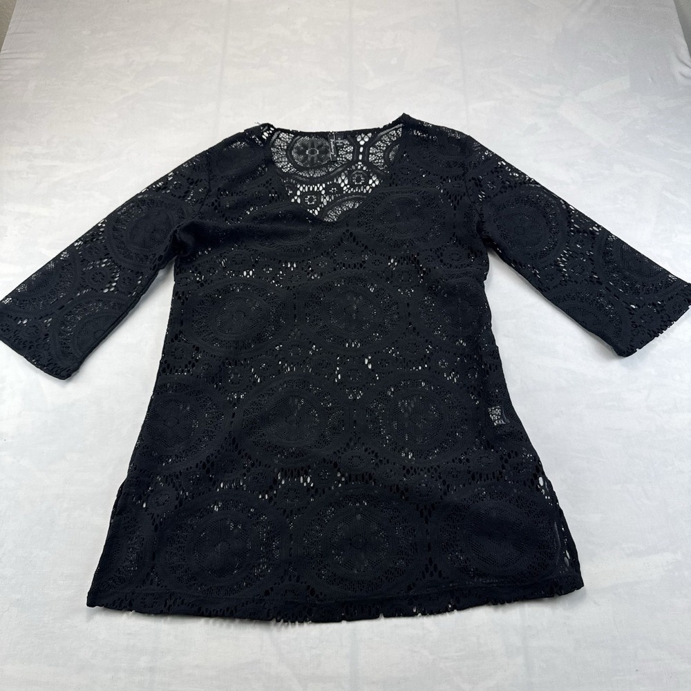 Portocruz Black Crochet Lace Beach Cover Up Women's Medium 3/4 Sleeve NWOT